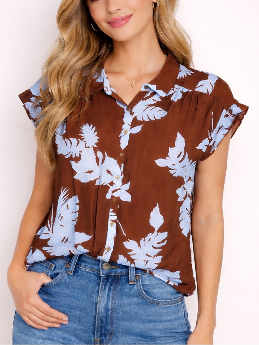Pleione Brown Blue Floral Blouse Short Sleeve Button Front Lightweight Top S